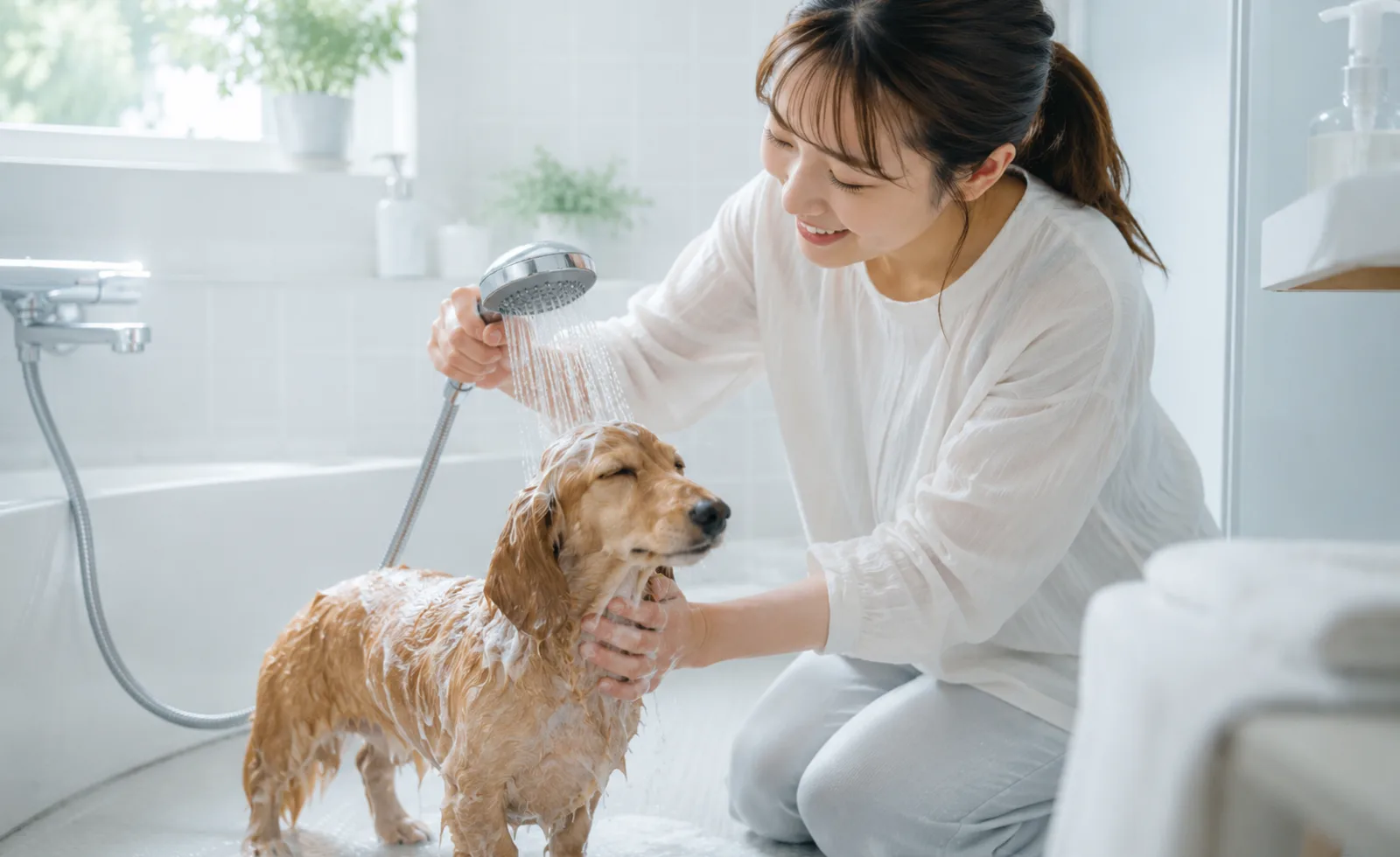 犬をシャンプーするシーン