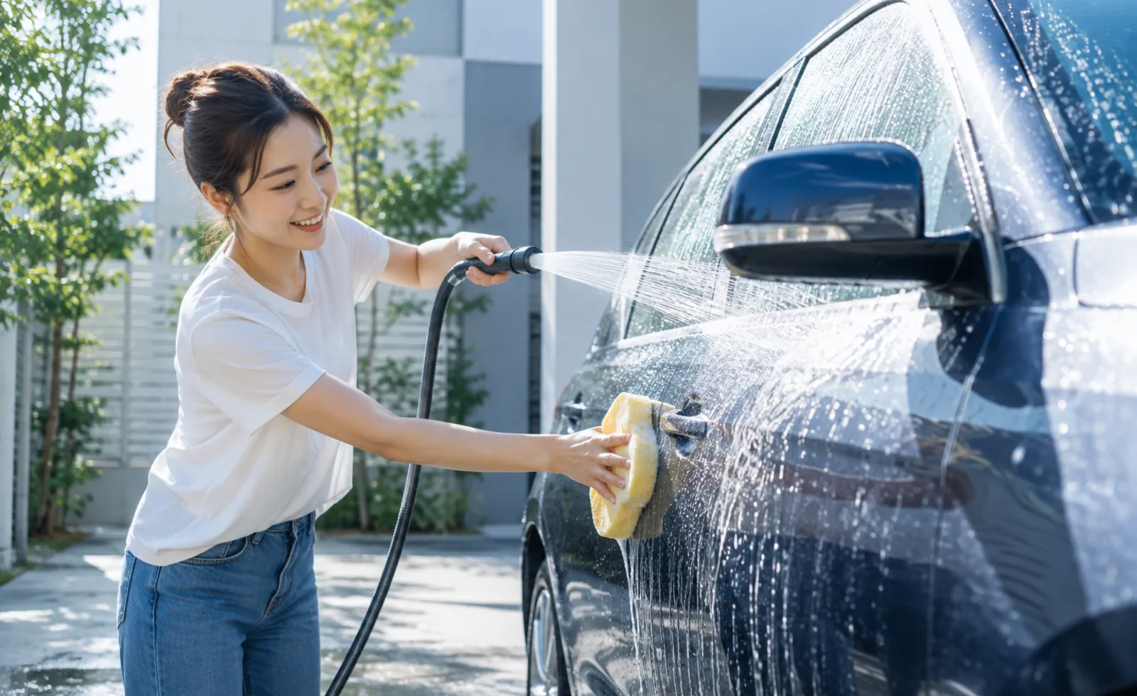 洗車・ホースで水をかけるシーン