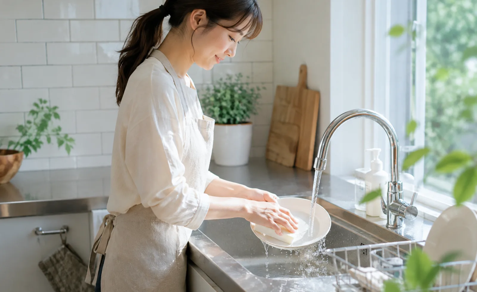 キッチンで食器を洗うシーン