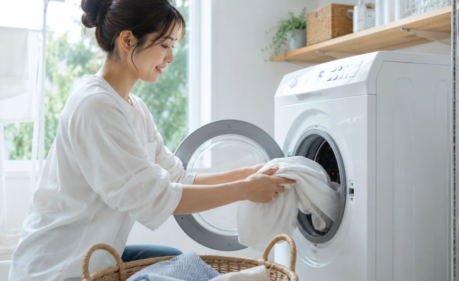 洗濯機に衣類を入れるシーン