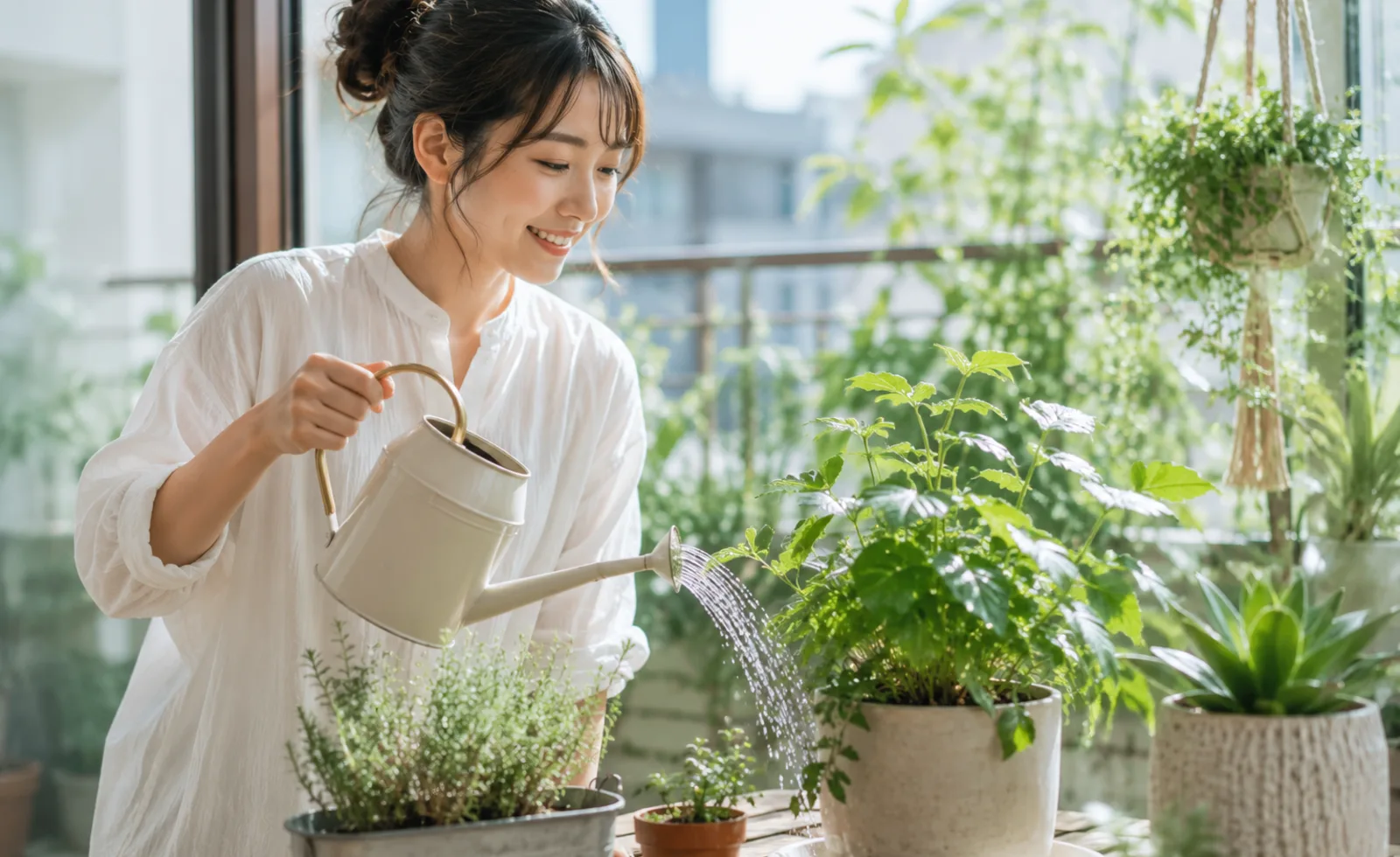 観葉植物への水やりシーン