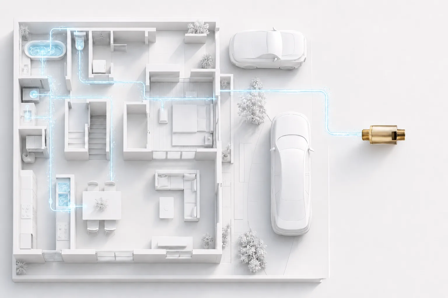Diagram showing UFB DUAL® installed at the main shutoff, delivering ultra fine bubbles throughout the building