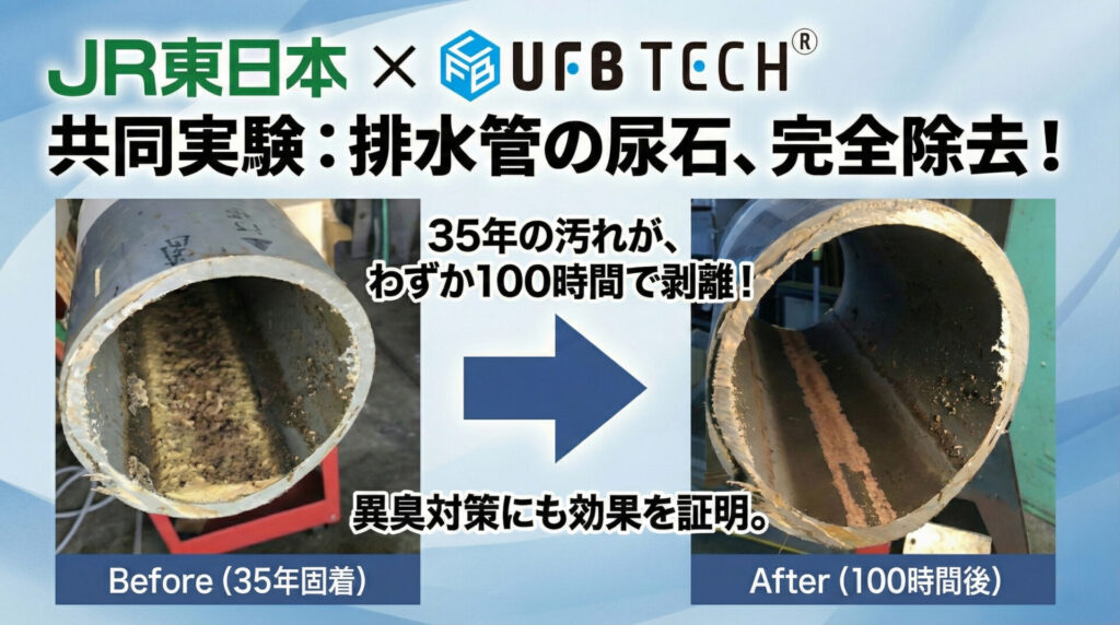 JR東日本とUFB TECHによる排水管の尿石除去実験のBefore After比較画像。35年間固着した汚れがウルトラファインバブル技術により完全に剥離した様子。