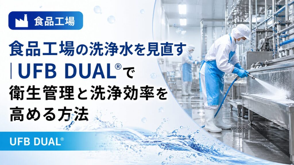 食品工場で白い防護服を着た作業員がUFB DUAL®による洗浄作業を行っている様子と水しぶきのイメージ