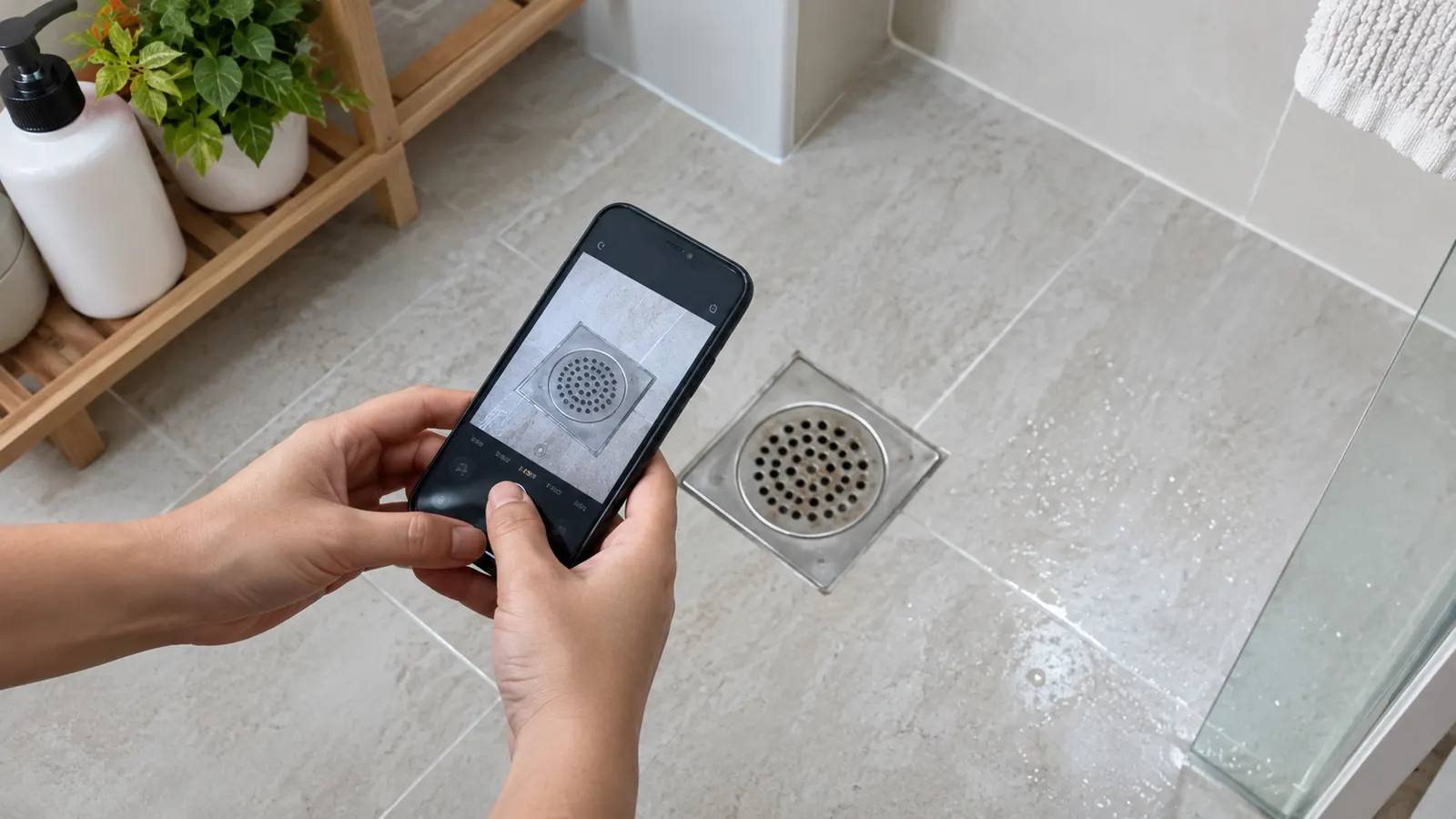 浴室の排水口をスマートフォンで撮影して導入前の状態を記録している様子